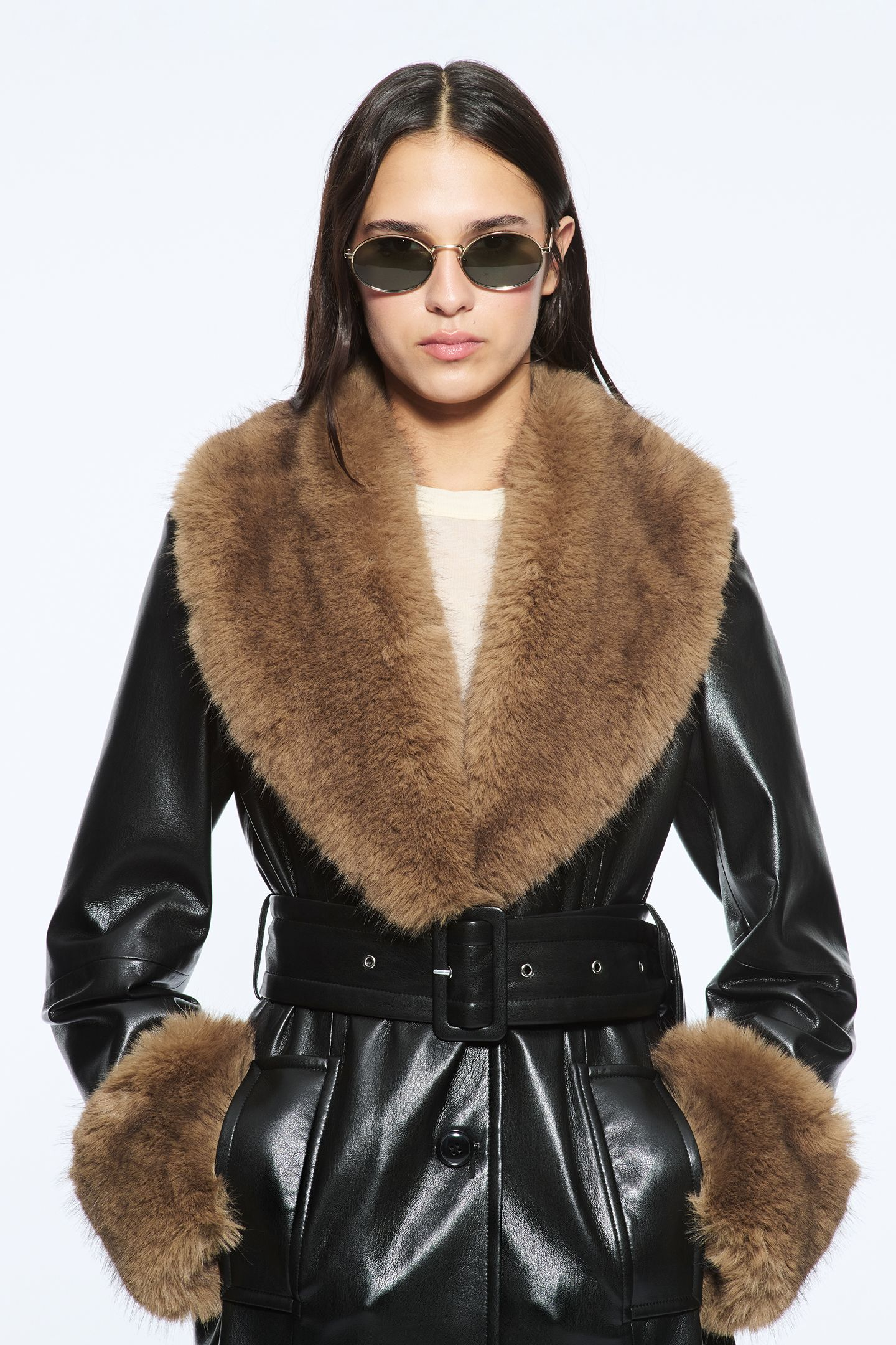 STAND STUDIO | Monica Coat - Lamb Leather Mongolian Fur - Black