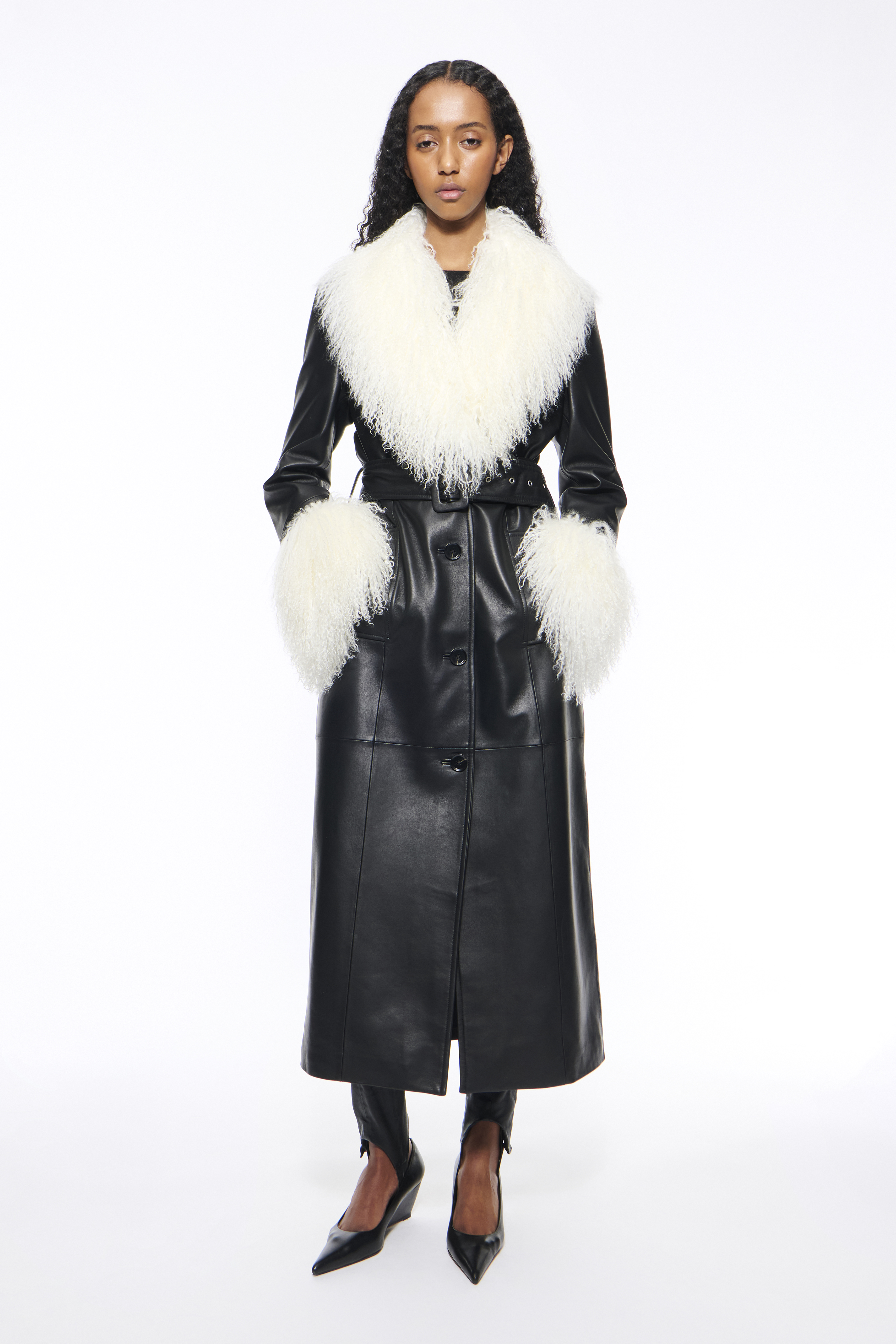 STAND STUDIO | Monica Coat - Lamb Leather Mongolian Fur - Black