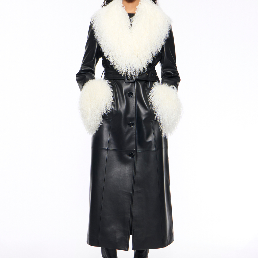 STAND STUDIO | Monica Coat - Lamb Leather Mongolian Fur - Black STAND STUDIO | Monica Coat - Lamb Leather Mongolian Fur - Black