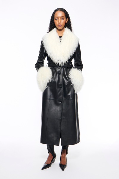 STAND STUDIO | Monica Coat - Lamb Leather Mongolian Fur - Black