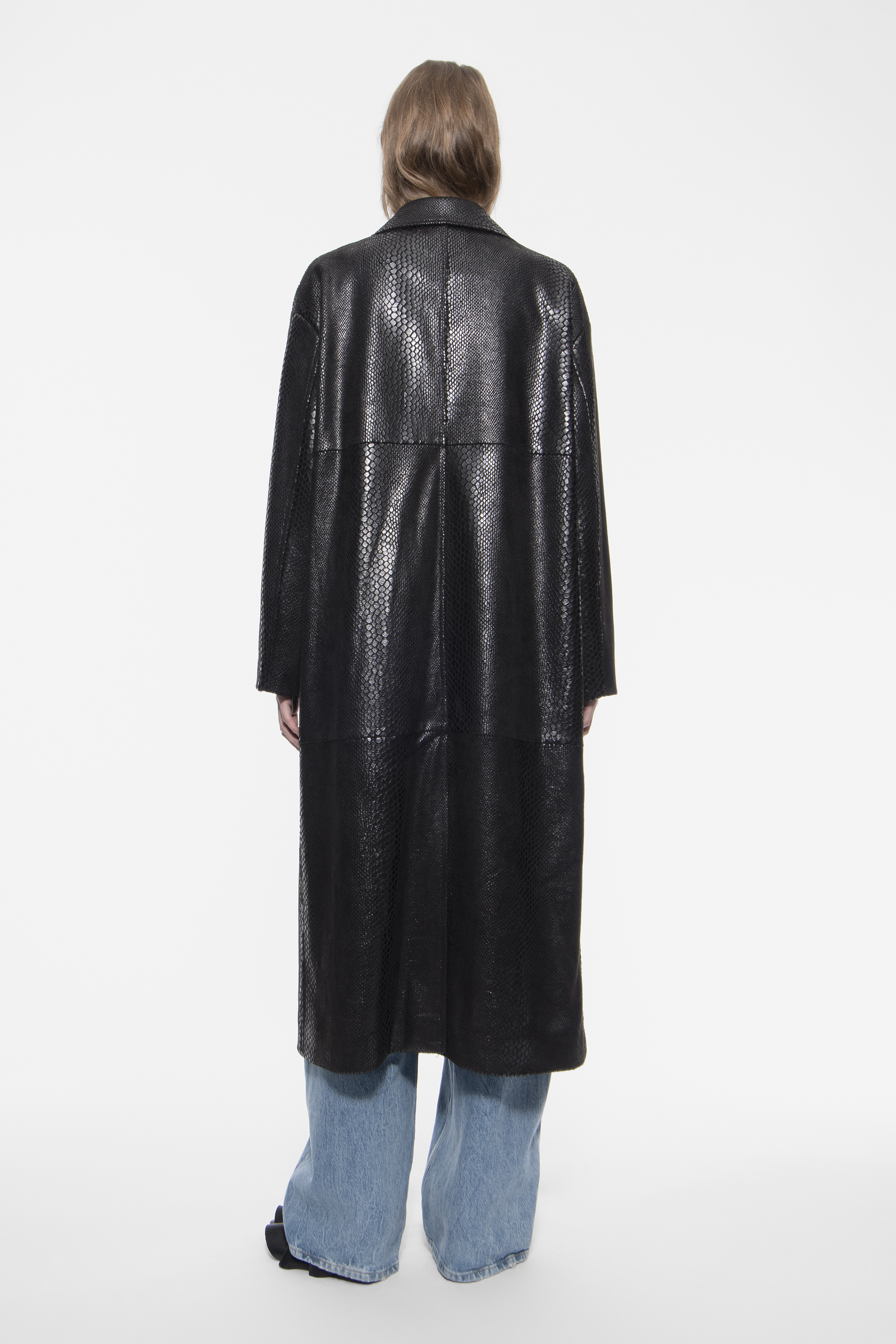 USED STAND STUDIO フェイク レザー シャツ コート42 XL STAND STUDIO | Oceana Coat - Reptile-Embossed Faux Leather - Black