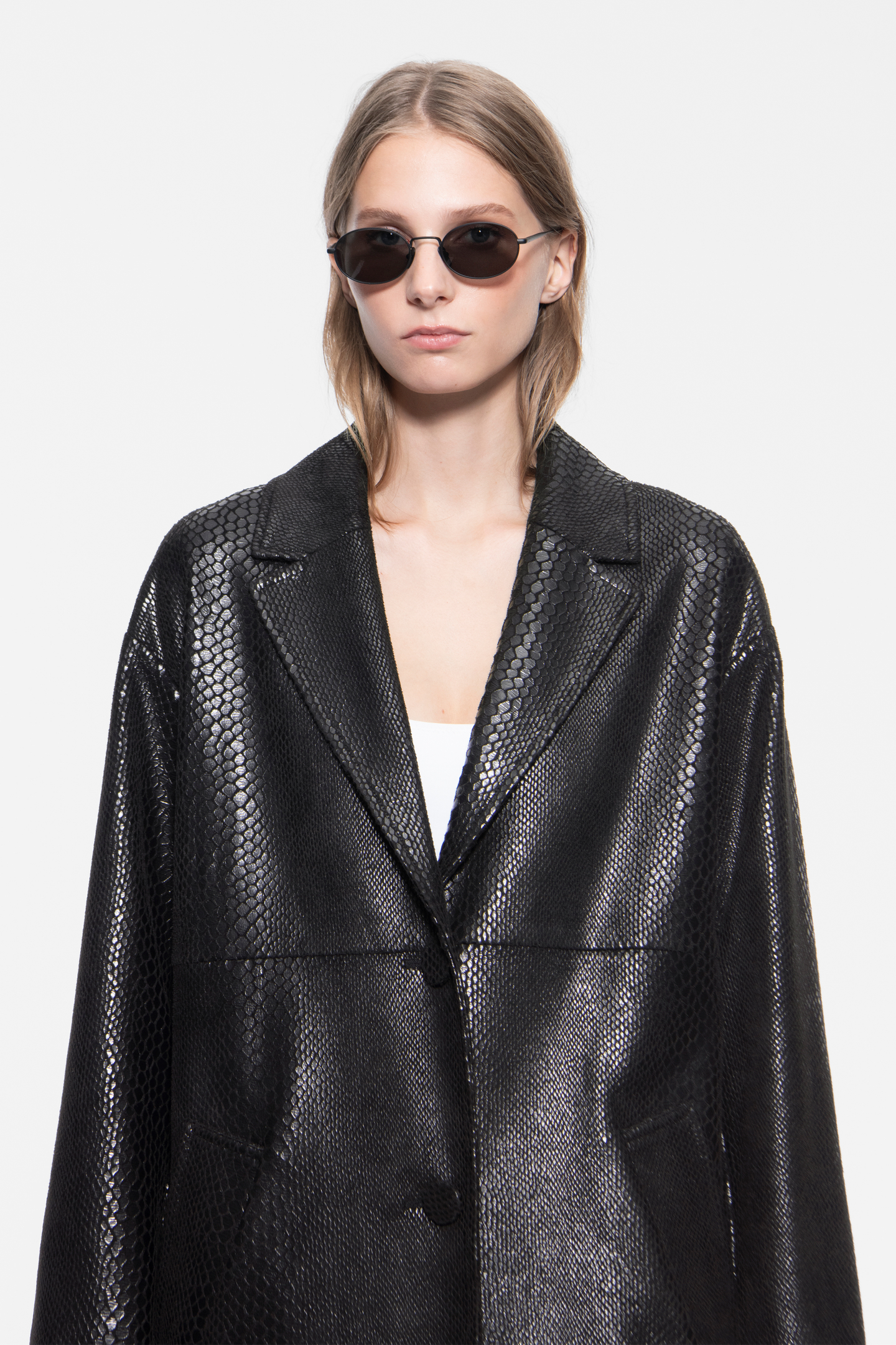 STAND STUDIO | Oceana Coat - Reptile-Embossed Faux Leather - Black