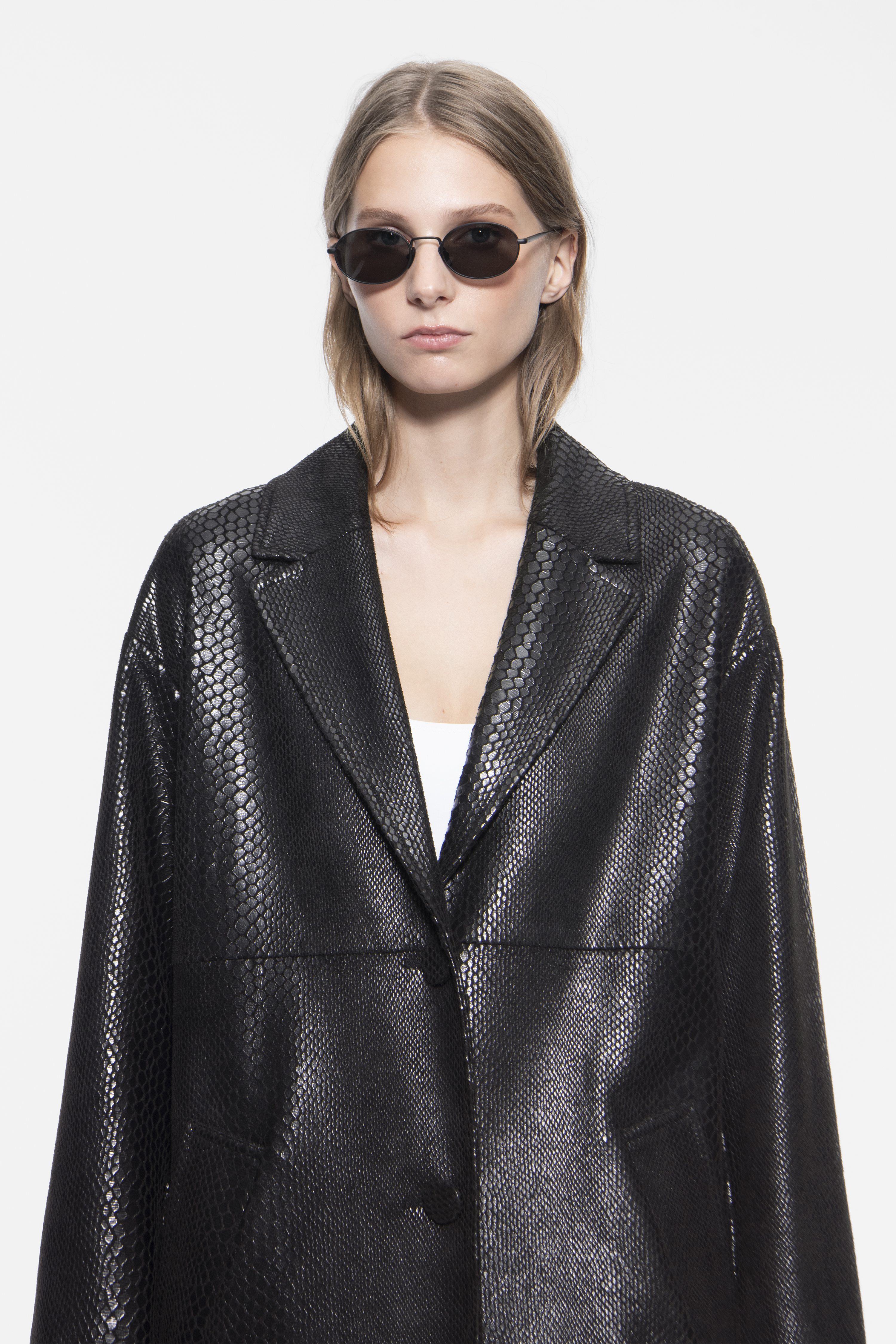 STAND STUDIO | Oceana Coat - Reptile-Embossed Faux Leather - Black
